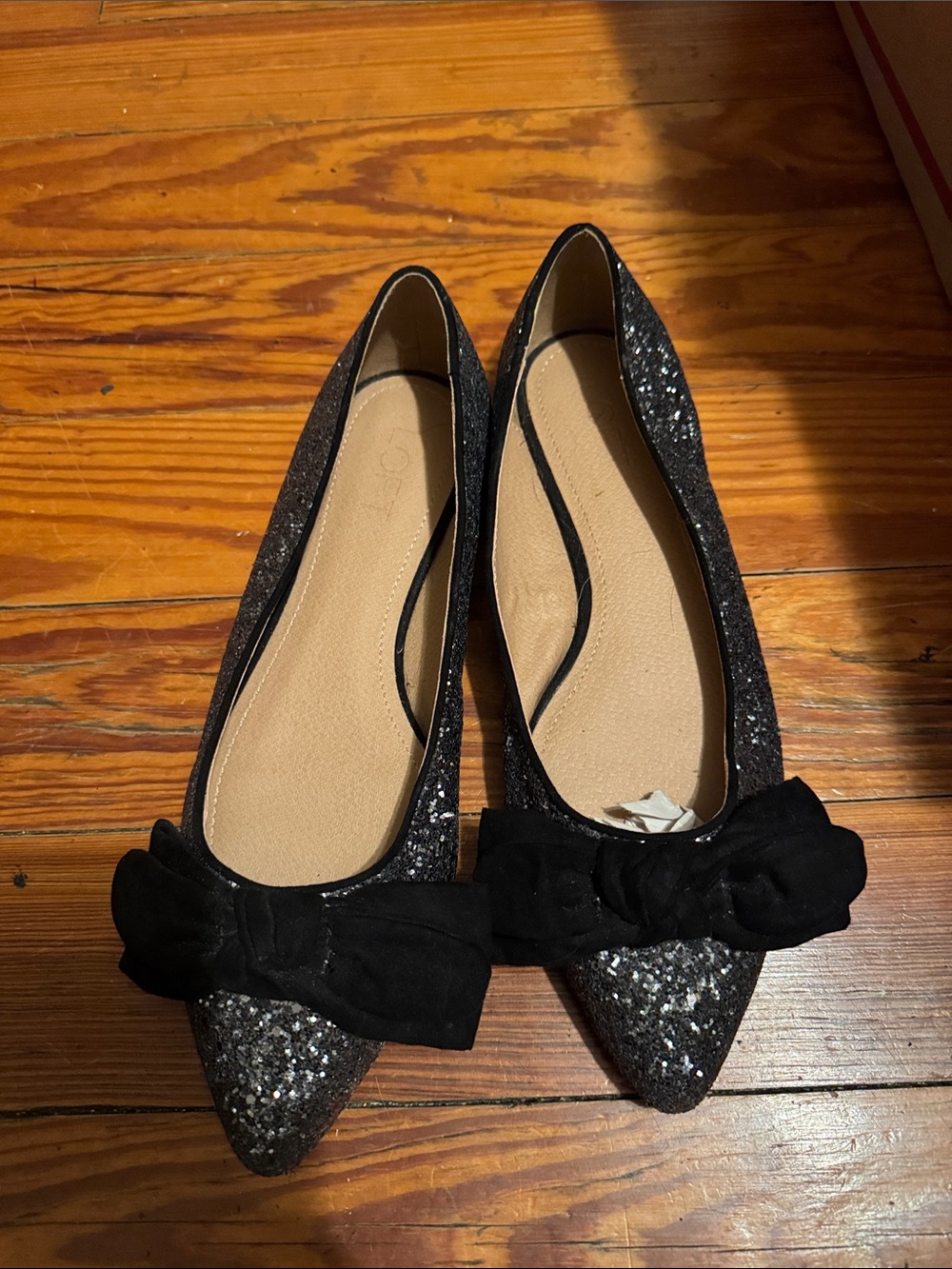 LOFT Black Glitter Pointed-Toe Flats with Bow